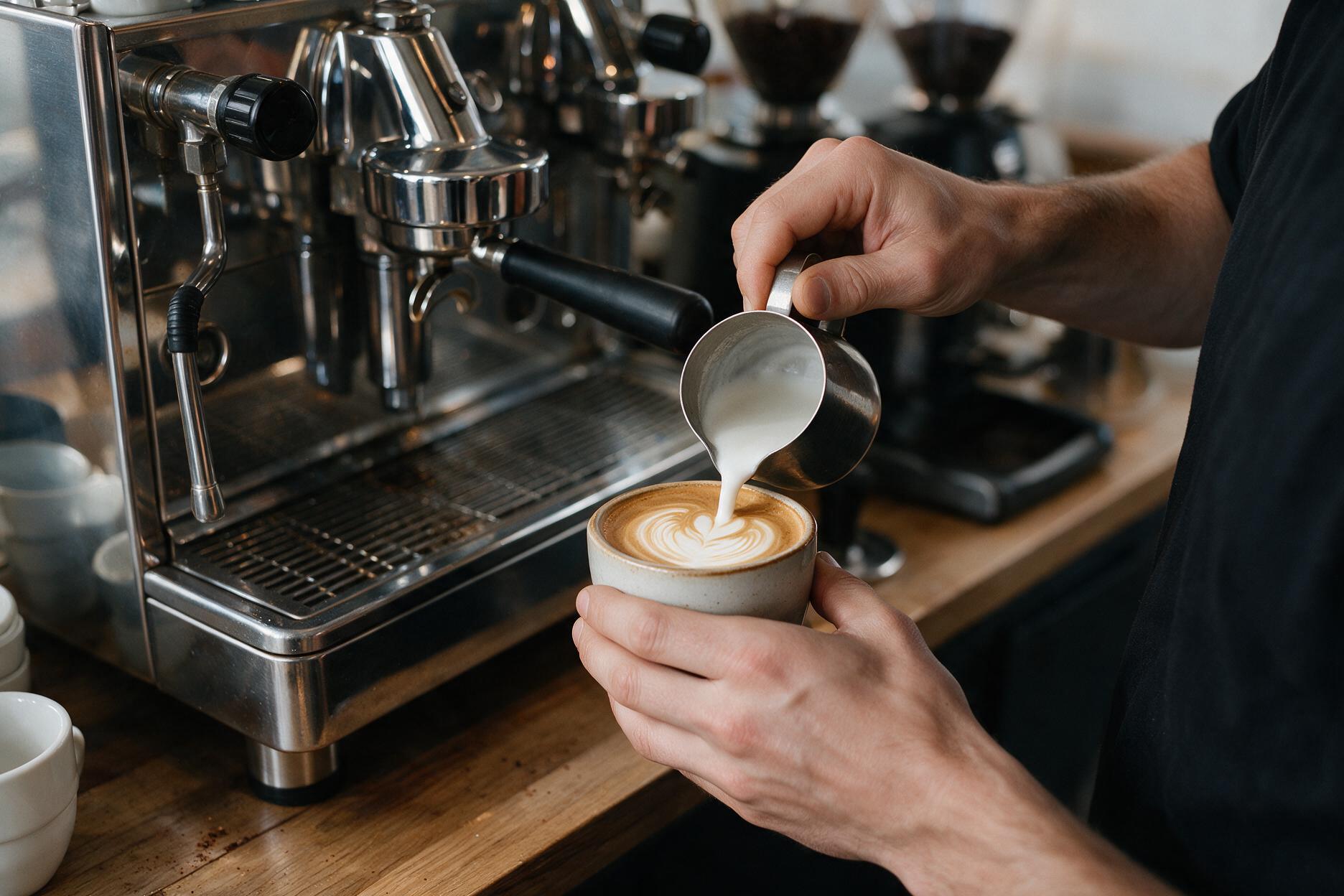 Barista bereitet einen Cappuccino an der mobilen Kaffeebar zu
